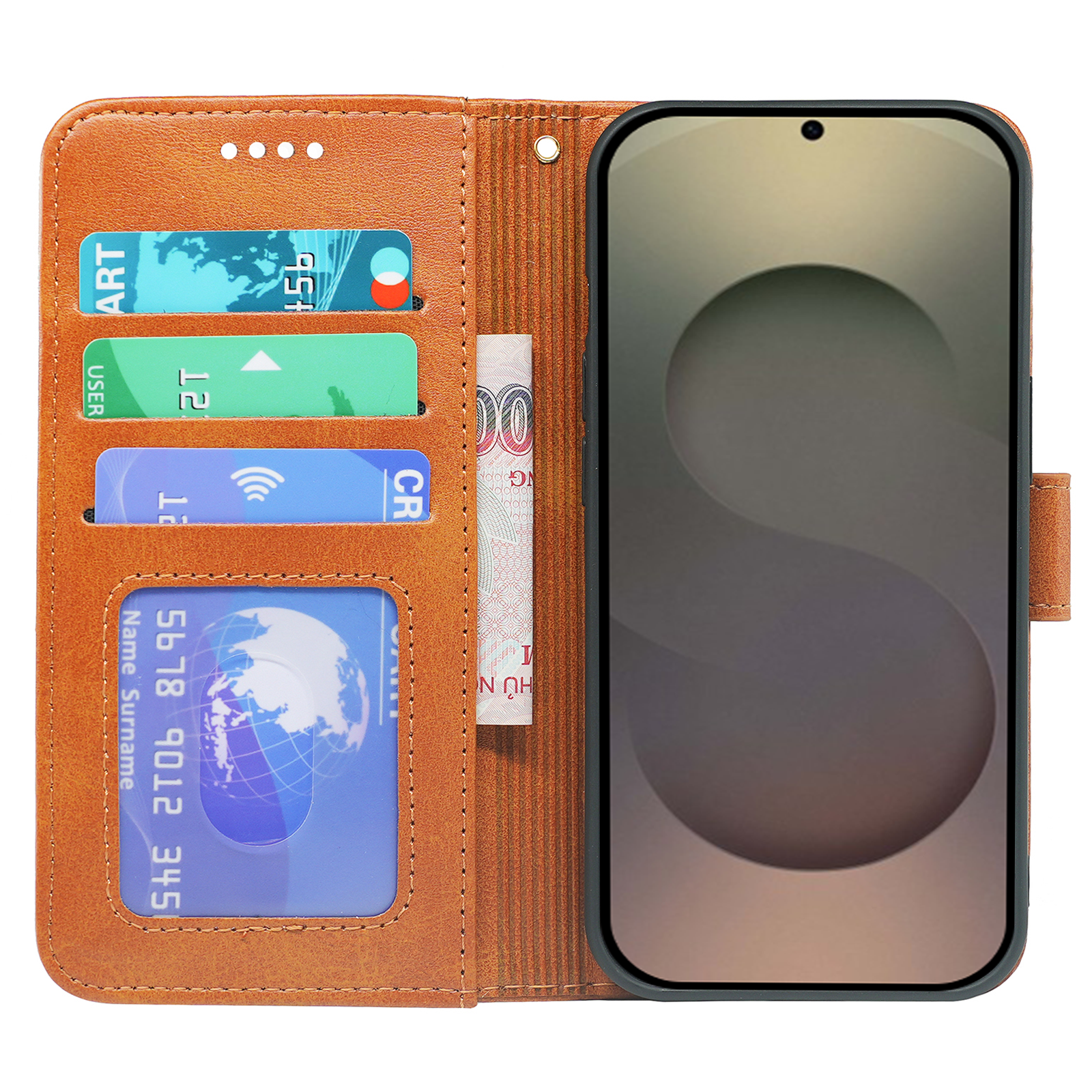 Samsung Galaxy S24 Series book flip case by Phone Base with leather wallet design, showing the front cover and card slots.