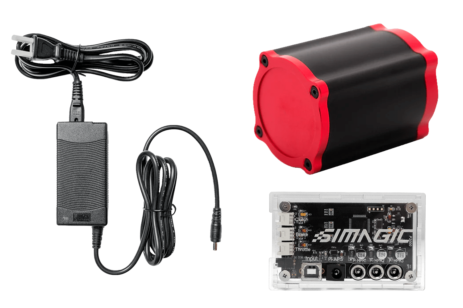 Simagic P-HPR Haptic Pedal Reactor System by Trak Racer UK showing power supply and universal pedal driver for sim racing.