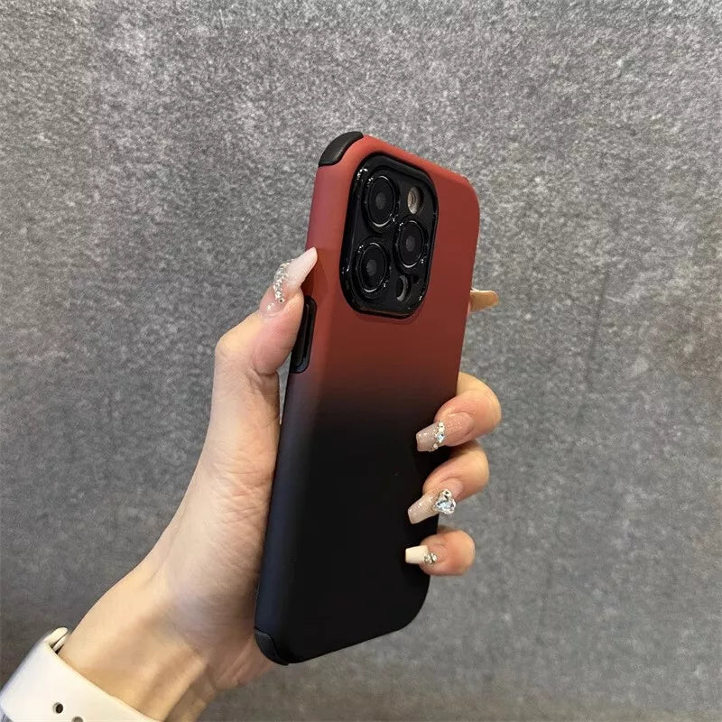 Red and black two-piece colour gradient case for iPhone 14 series by Phone Base, showing the textured design and secure fit.