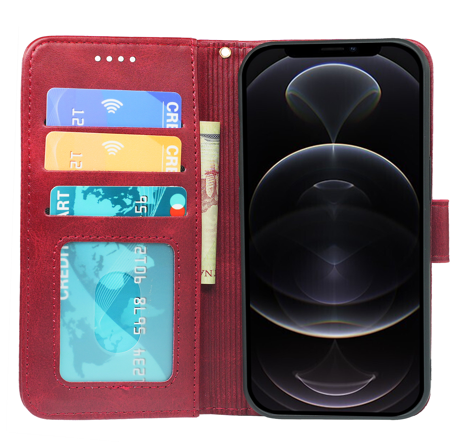 Leather wallet book case for iPhone 13 Series by Phone Base, showing front cover with card slots and sleek design.