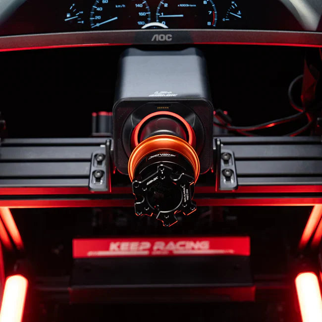 Simagic Alpha EVO USB Quick Release wheel adapter for SRM, compatible with Trak Racer UK racing wheel accessories, mounted on a racing wheel.