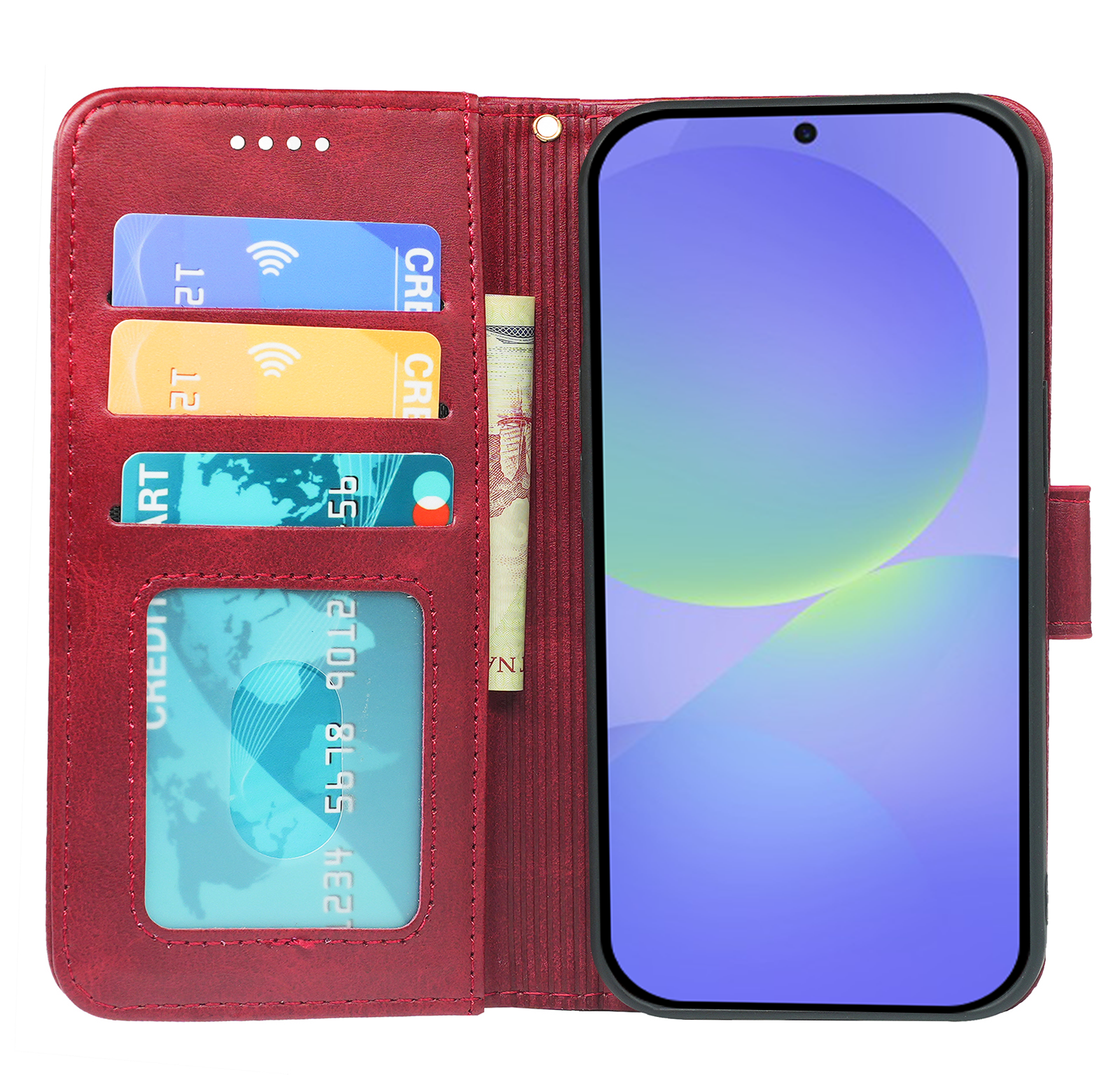 Samsung Galaxy A36/A56 Book Flip Case Leather Wallet by Phone Base, showing a black leather wallet-style phone case with card slots.