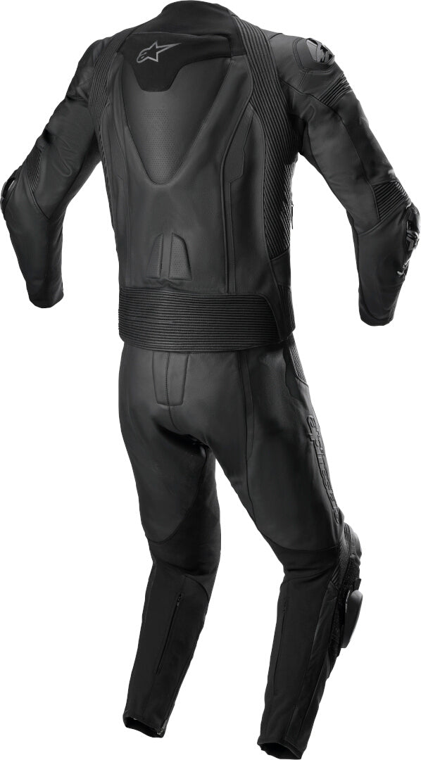 Full black DAMOTOGEAR Replica Missile V2 two-piece motorcycle leather suit with protective padding and sleek design.