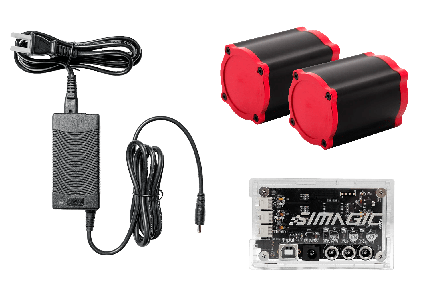 Simagic P-HPR Haptic Pedal Reactor System by Trak Racer UK showing power supply and universal pedal driver for sim racing upgrades.