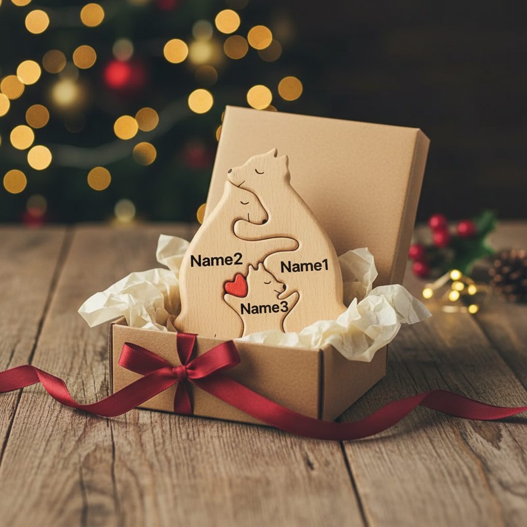 Personalised Wooden Bear Family Puzzle Name Gift for Mum & Baby