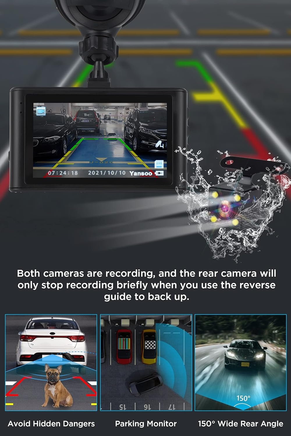 Eliteridegear 1080P front and rear dash cam for car, showing dual cameras with night vision and wide-angle lens in a vehicle interior.