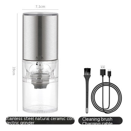 Electric stainless steel coffee grinder by Adistore with a clear view of the compact bean grinding machine and stainless steel lid.