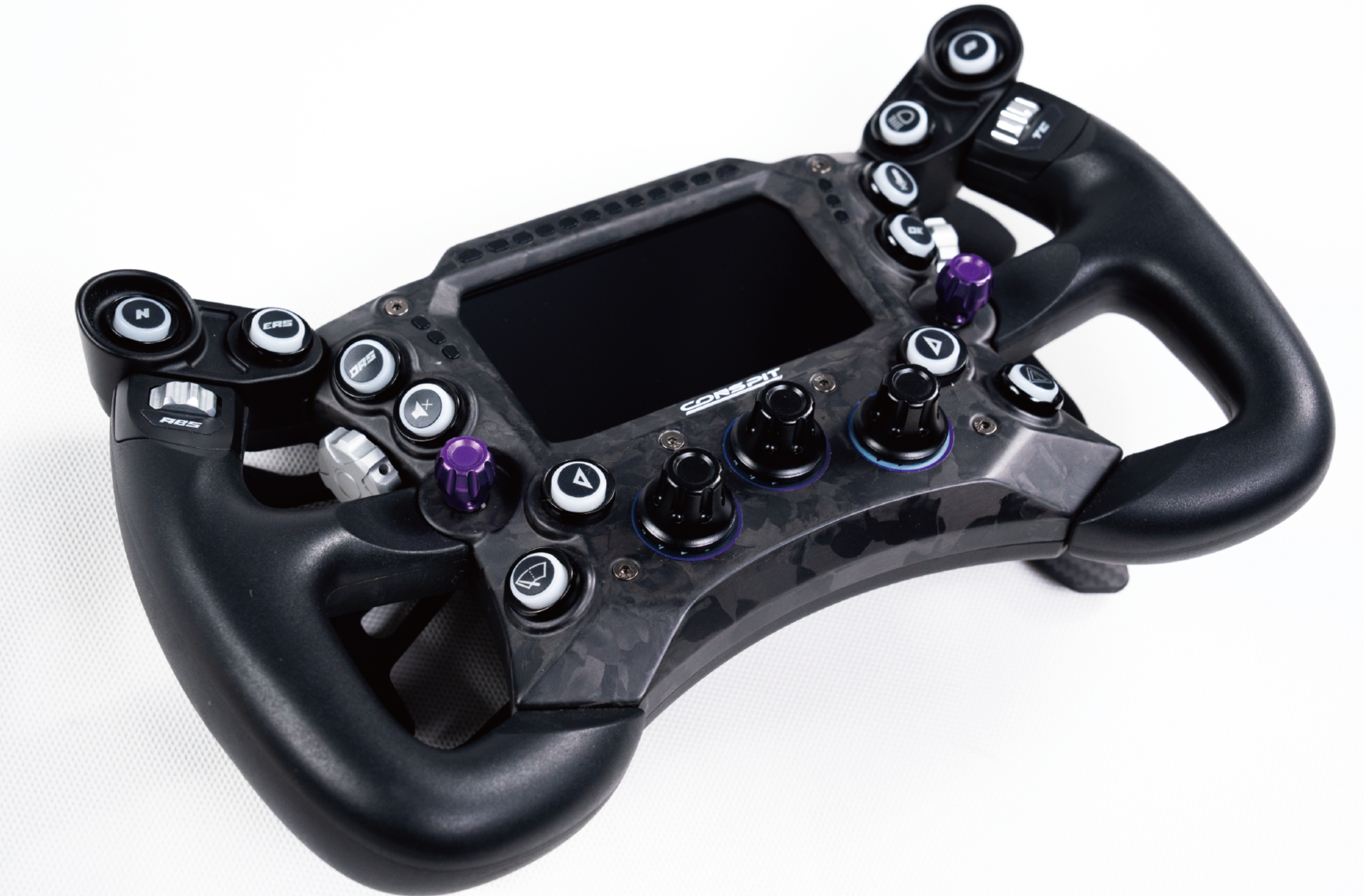 Trak Racer UK Conspit 290GP Formula steering wheel with 3D ergonomic design, mounted on a racing wheel base for sim racing.