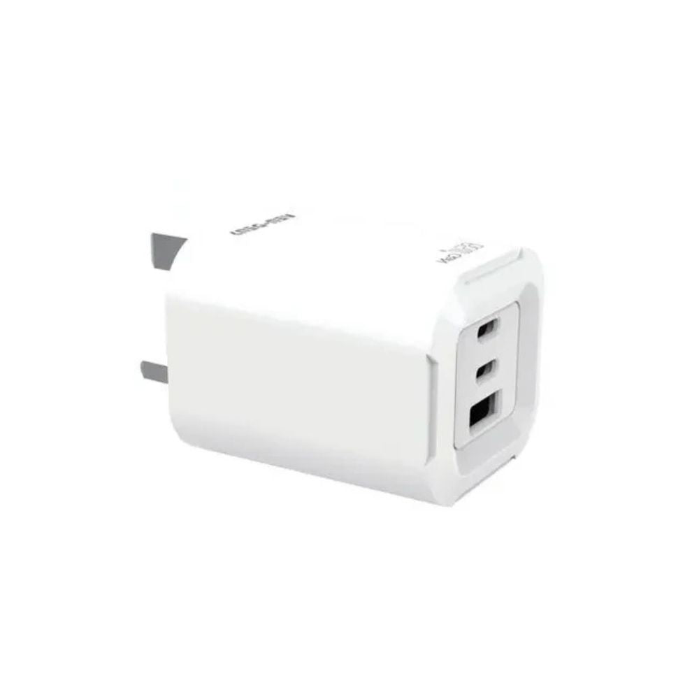Phone Base 65W 3-in-1 foldable fast charger with dual USB-C and USB-A plugs, compact and portable charging adapter.