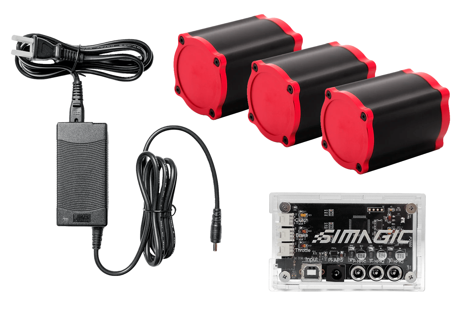 Simagic P-HPR Haptic Pedal Reactor System by Trak Racer UK, showing power supply and universal pedal driver for sim racing.