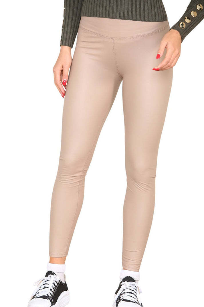 Adistore women's PU fleece-lined high-waisted wet look faux leather leggings, close-up of shiny black material and high waist detail.