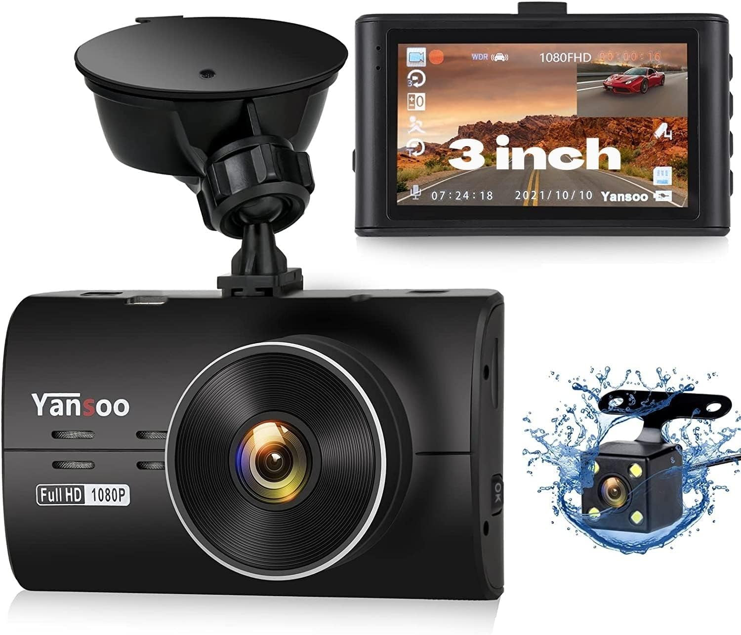 Eliteridegear dual dash camera with 1080P Full HD front and rear, 3" screen, wide-angle lens, night vision, and parking mode.