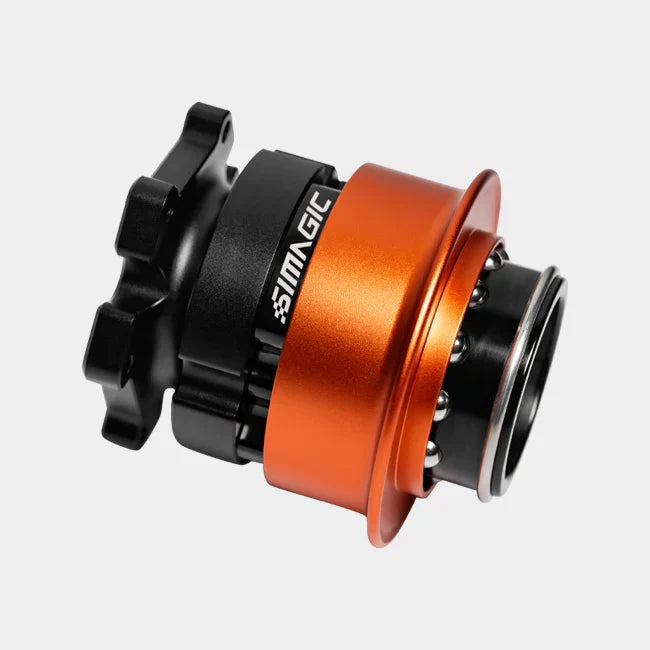 Simagic Alpha EVO USB quick release wheel accessory by Trak Racer UK, shown with SRM adapter and mounting components.