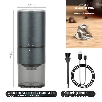 Adistore electric stainless steel coffee grinder with a compact design, featuring a transparent bean hopper and control buttons.