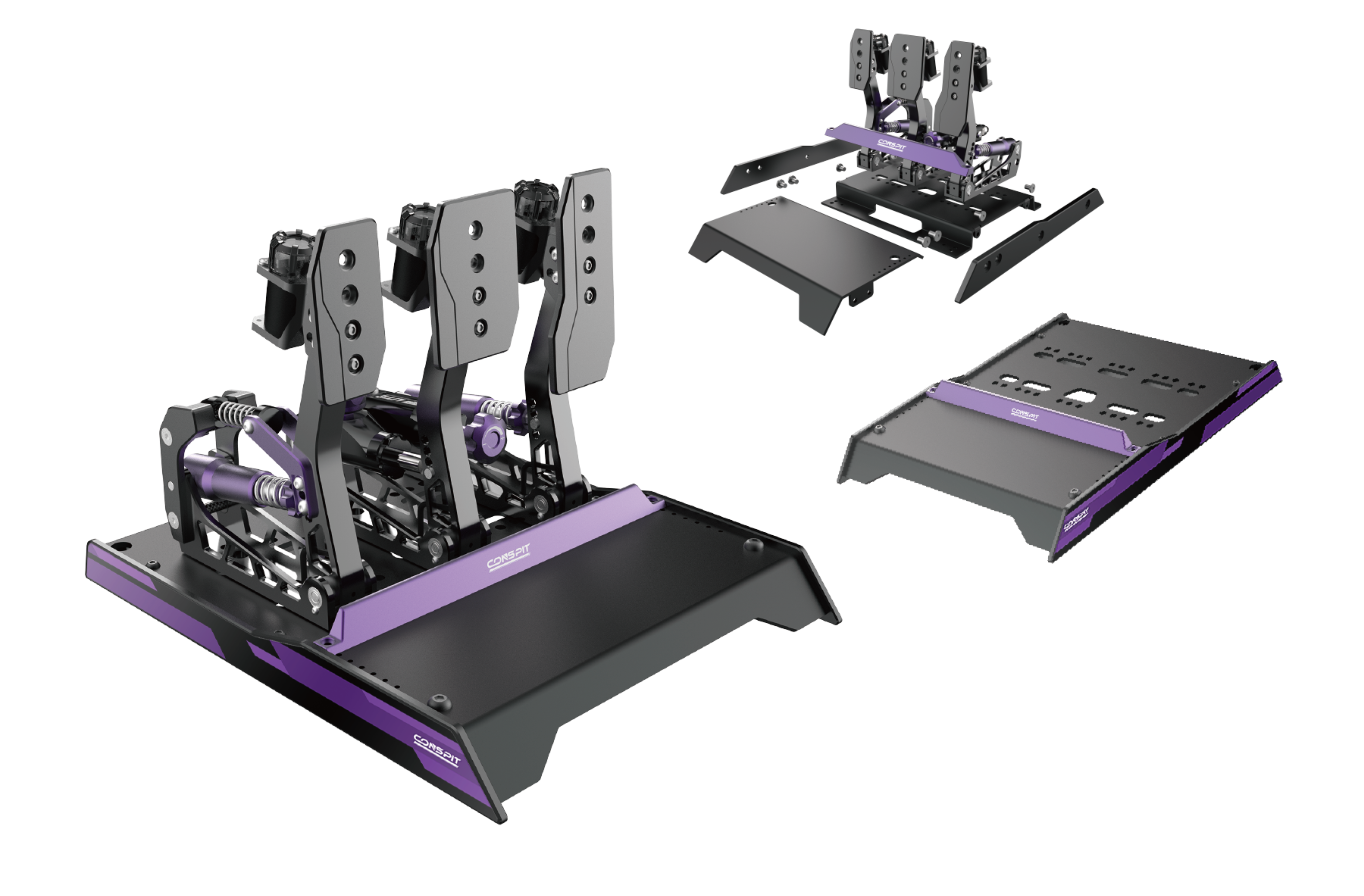 Trak Racer UK Conspit CPP-Lite 3 Pedal Set with hydraulic load cell for sim racing, including clutch, brake, and accelerator pedals.