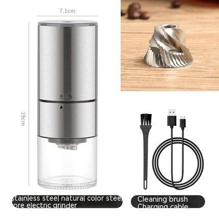 Adistore electric stainless steel coffee grinder with a sleek design, showing the grinding jar and control buttons.