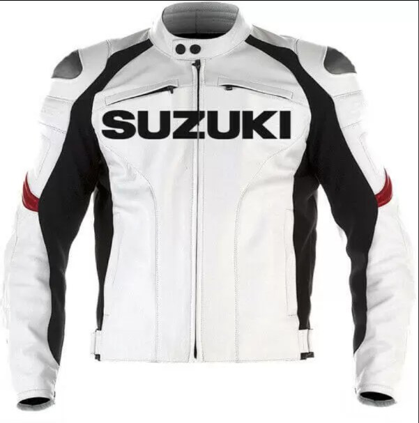 White leather motorcycle jacket for GSXR Suzuki by DAMOTOGEAR, featuring a sleek design and protective riding details.