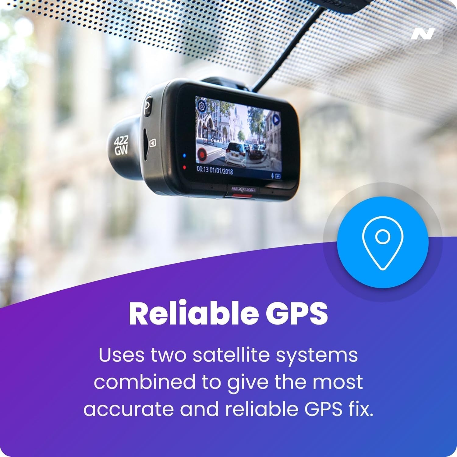 Eliteridegear 422GW dash cam front view with 2.5-inch IPS touch screen, GPS, night vision, and parking mode in a car interior.