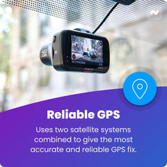Eliteridegear 422GW dash cam front view with 2.5-inch IPS touch screen, GPS, night vision, and parking mode in a car interior.