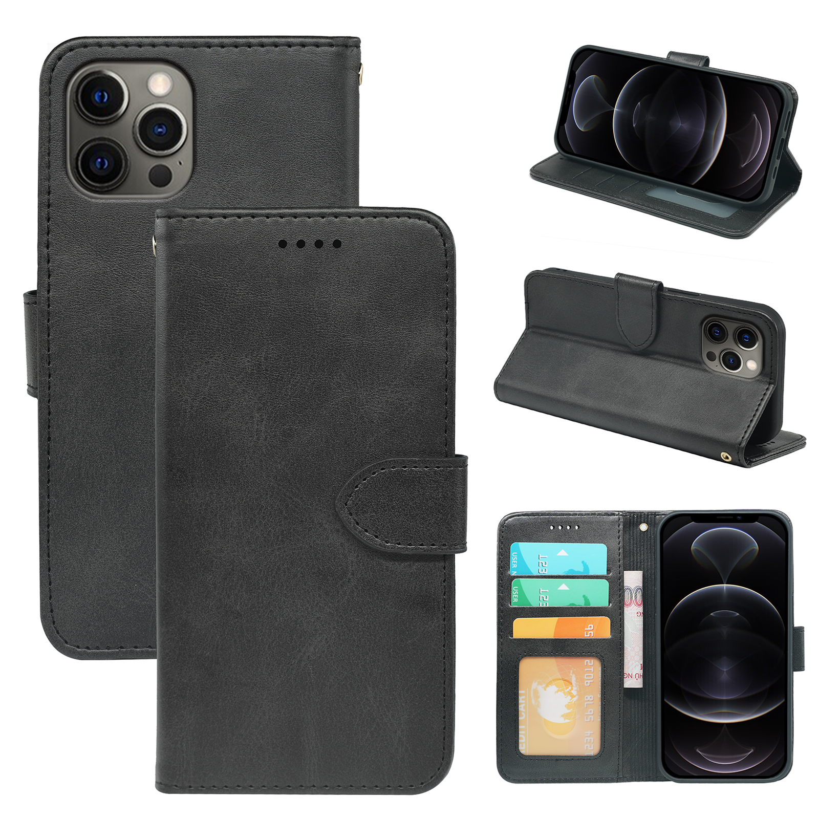 Leather flip book case for iPhone 13 series by Phone Base, featuring card slots and protective cover in a sleek design.