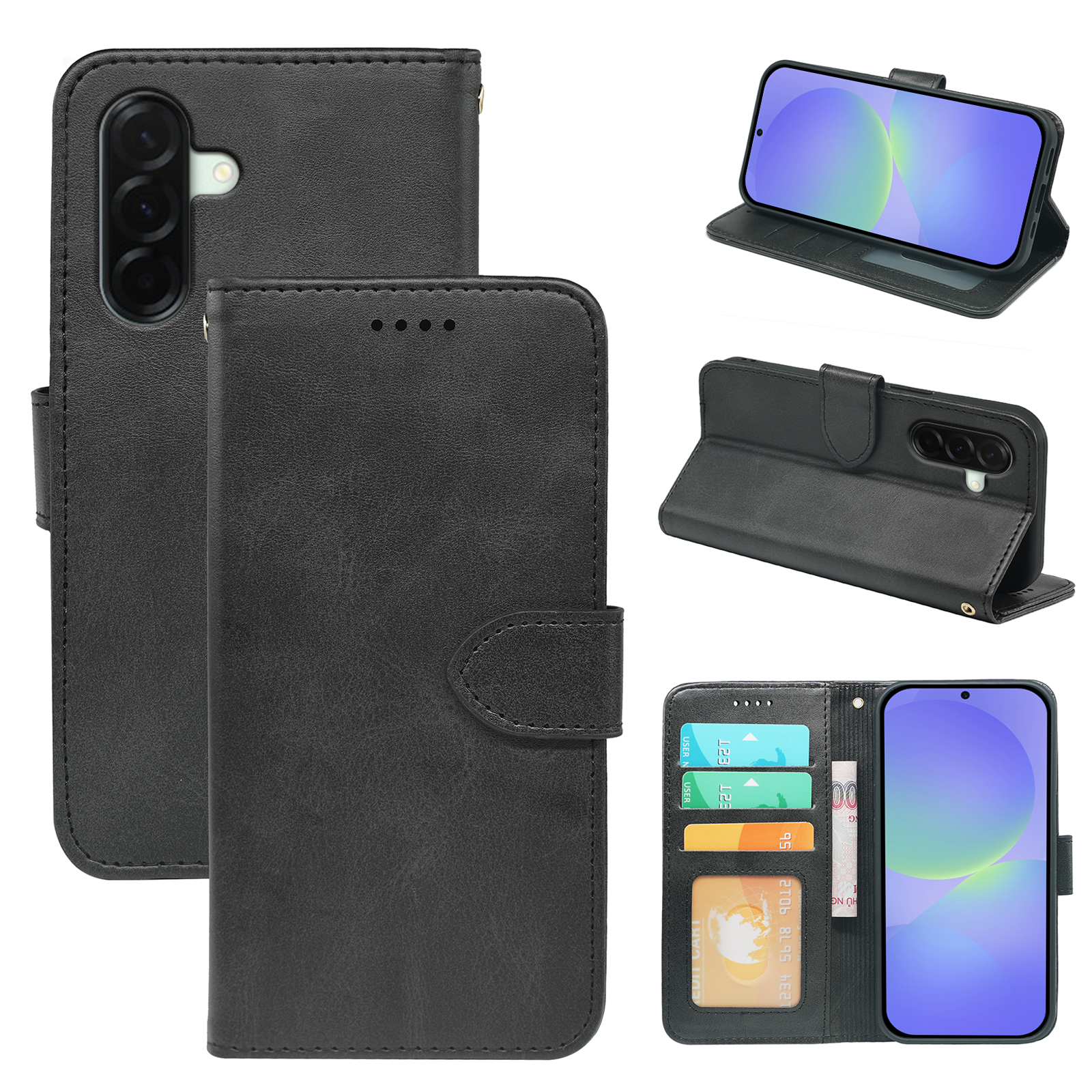 Samsung Galaxy A36/A56 Book Flip Leather Wallet Case by Phone Base with card slots and magnetic closure, black color.