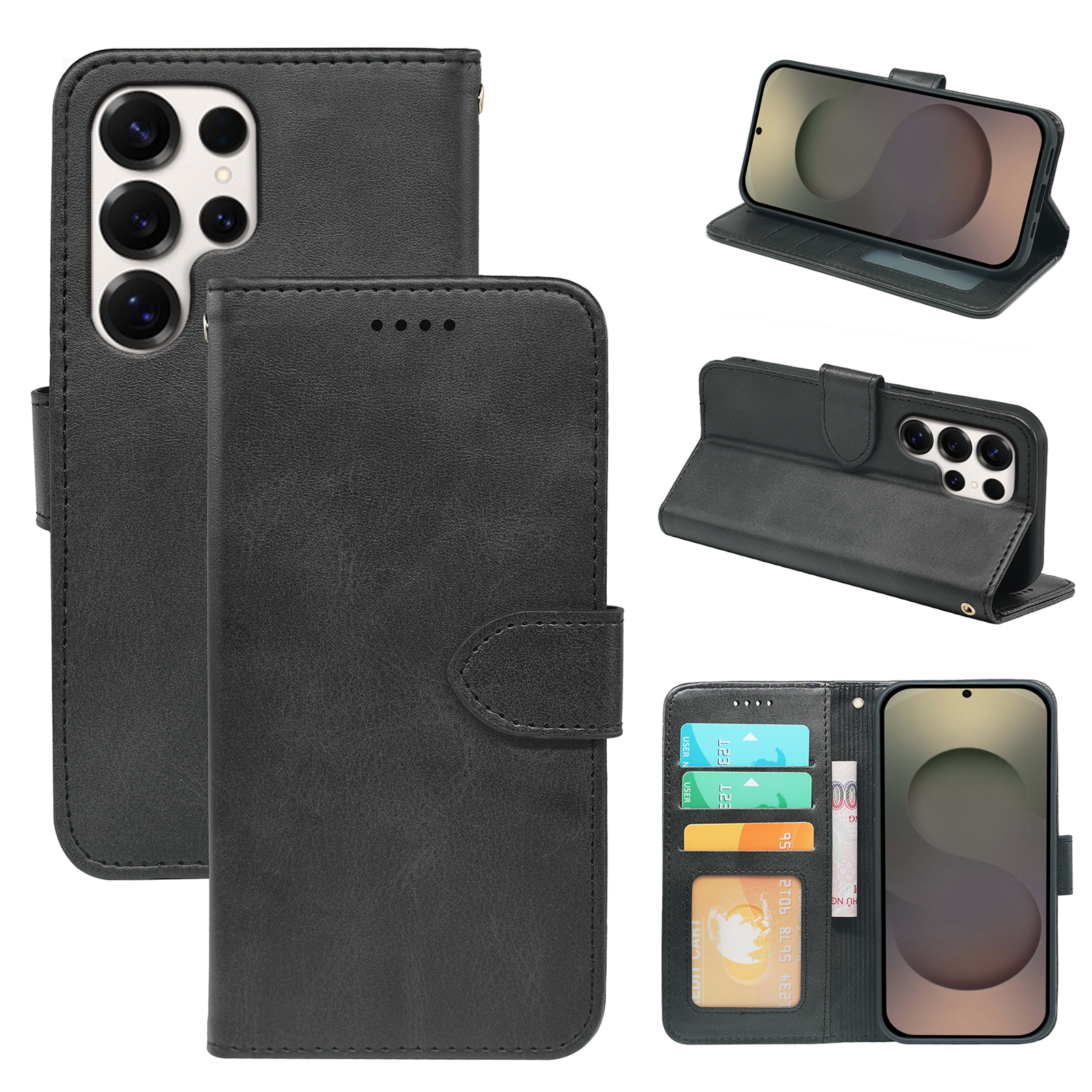 Samsung Galaxy S25 Series leather flip book case with wallet features, made by Phone Base, showing front view with card slots visible.