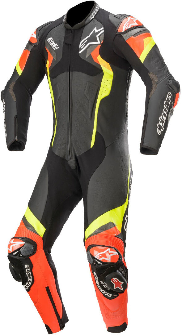 Damotogear Atem V4 one-piece motorcycle leather suit in black, red, and yellow with padded armor and sleek racing design.