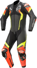 Damotogear Atem V4 one-piece motorcycle leather suit in black, red, and yellow with padded armor and sleek racing design.