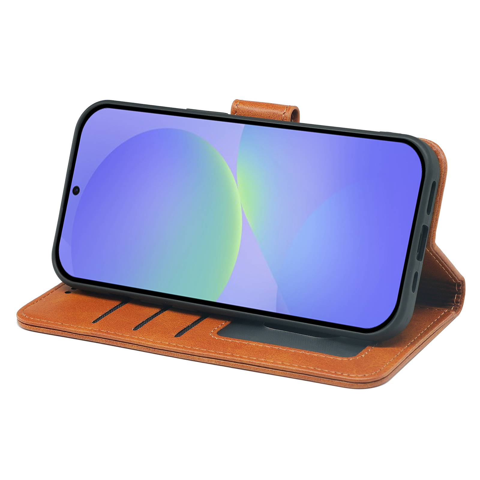 Samsung Galaxy A36/A56 Book Flip Case leather wallet by Phone Base, with card slots and magnetic closure, shown on a smartphone.