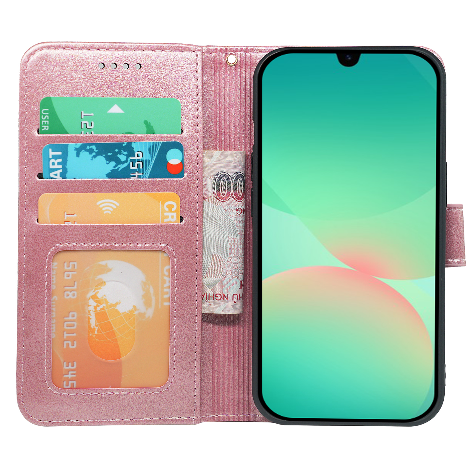 Samsung Galaxy A16 5G leather book flip case by Phone Base with wallet-style design and card slots.