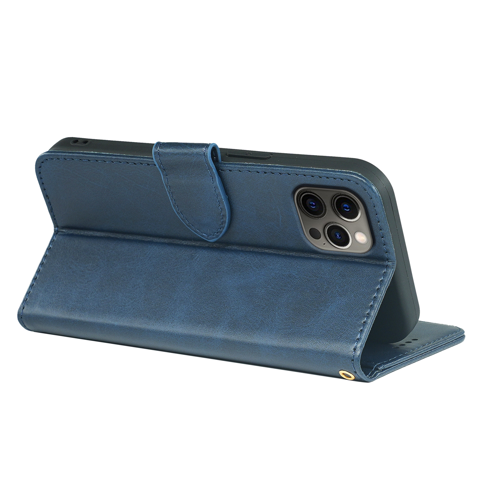 Leather wallet book flip case for iPhone 14 Series by Phone Base, showing the front cover and card slots in black leather.