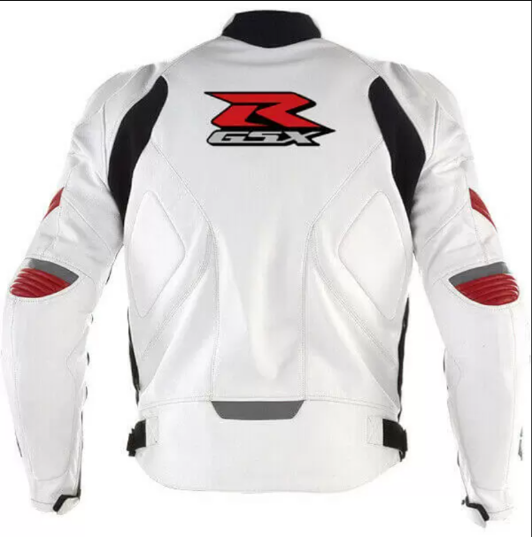 White leather motorcycle jacket for GSXR Suzuki bikes by DAMOTOGEAR, featuring a stylish fit and protective design.