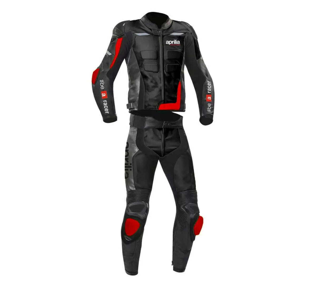 Damotogear Aprilia motorcycle racing leather suit displayed on a model, showcasing its sleek design and protective features.