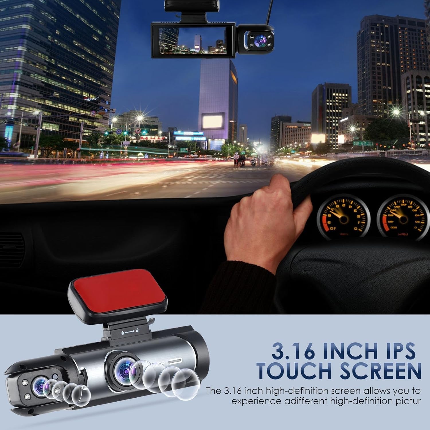 Eliteridegear WiFi dash cam showing front and interior view, 1080P full HD, wide-angle lens, night vision, and parking monitor features.