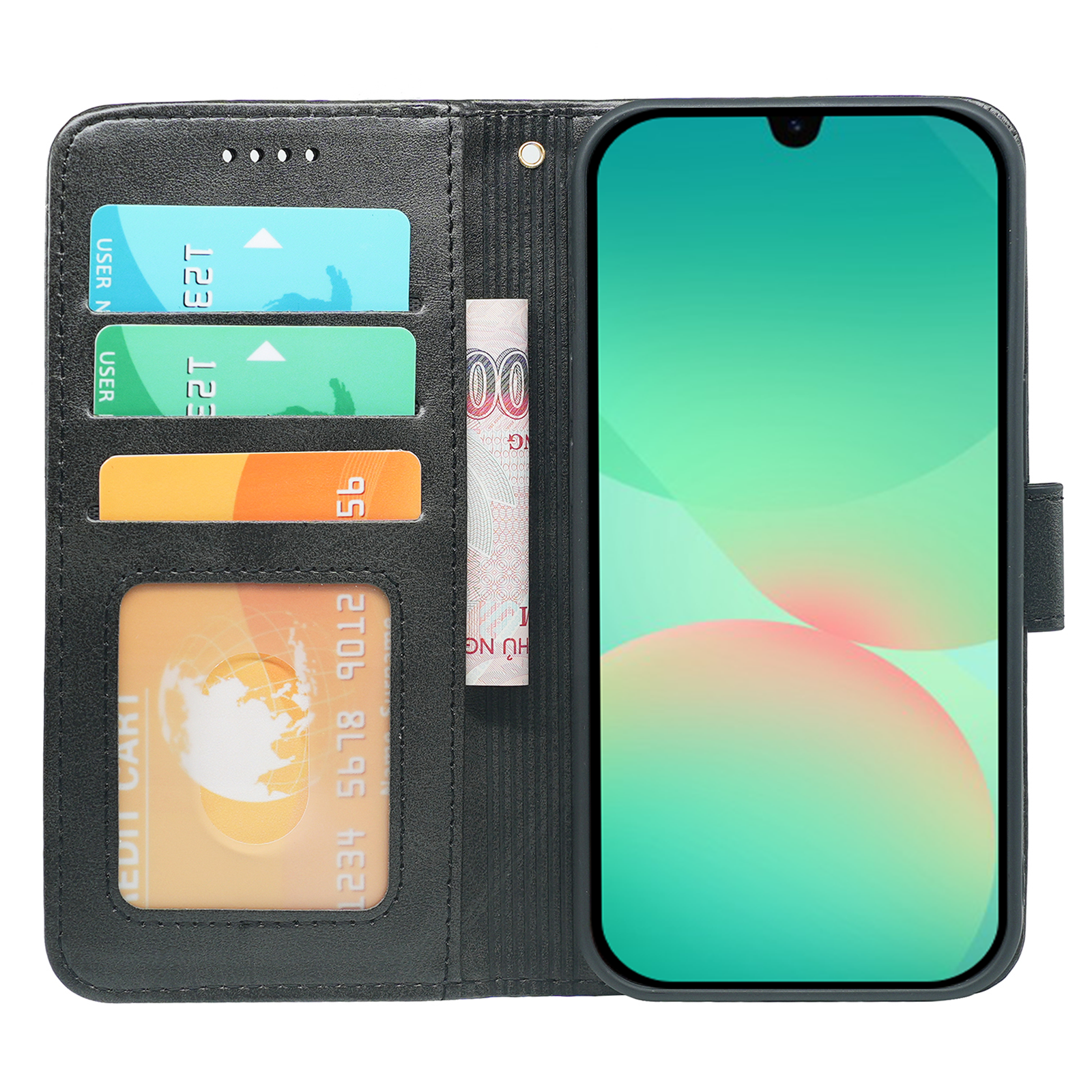 Samsung Galaxy A26 leather wallet flip case by Phone Base, showing the book-style cover with card slots and phone protection.