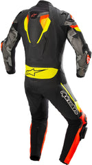 DAMOTOGEAR Atem V4 one-piece motorcycle leather suit in black, red, and yellow with protective padding and sleek design.