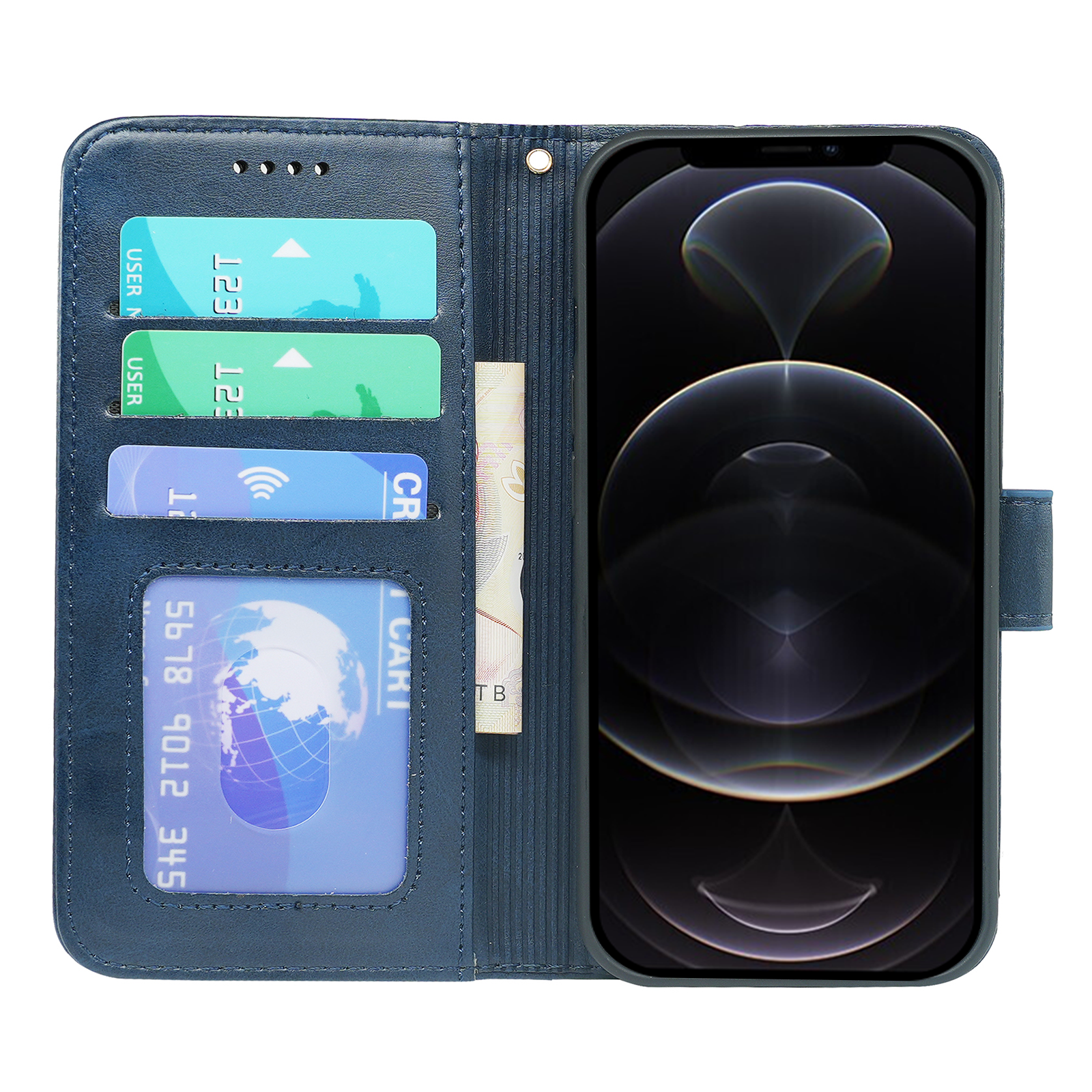 Leather wallet flip case for iPhone 14 series by Phone Base, showing front cover with card slots and phone compartment.