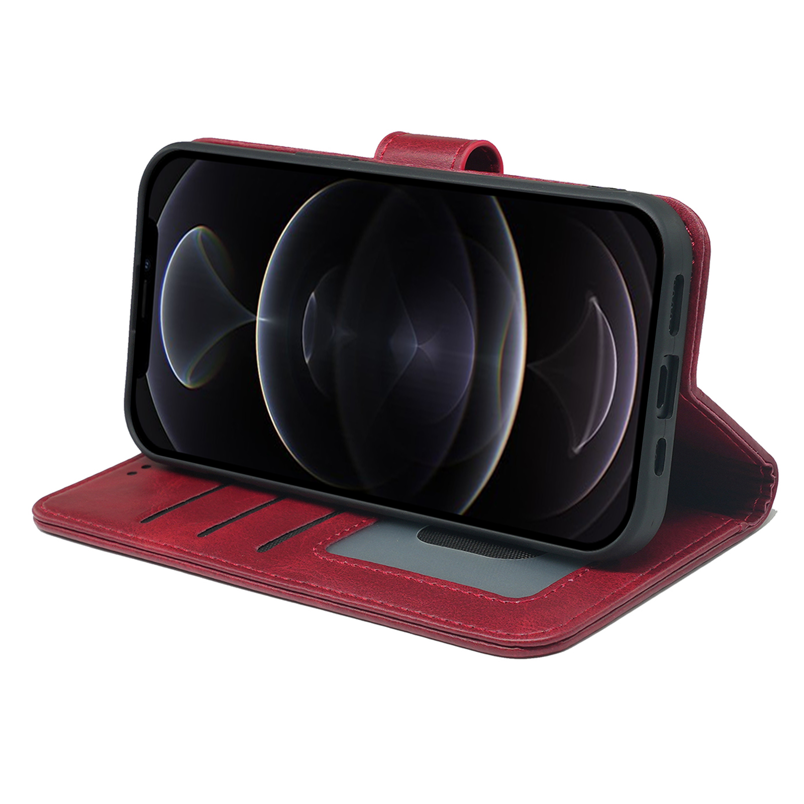 Leather wallet book flip case for iPhone 14 Series by Phone Base, featuring card slots and a protective cover.