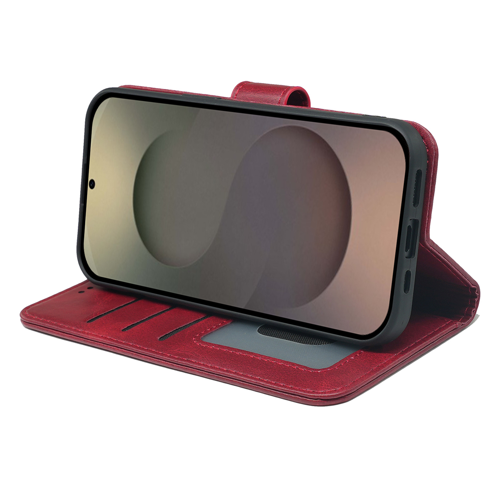 Samsung Galaxy S25 Series leather book flip case with wallet features, designed by Phone Base, showing the front view of the protective cover.
