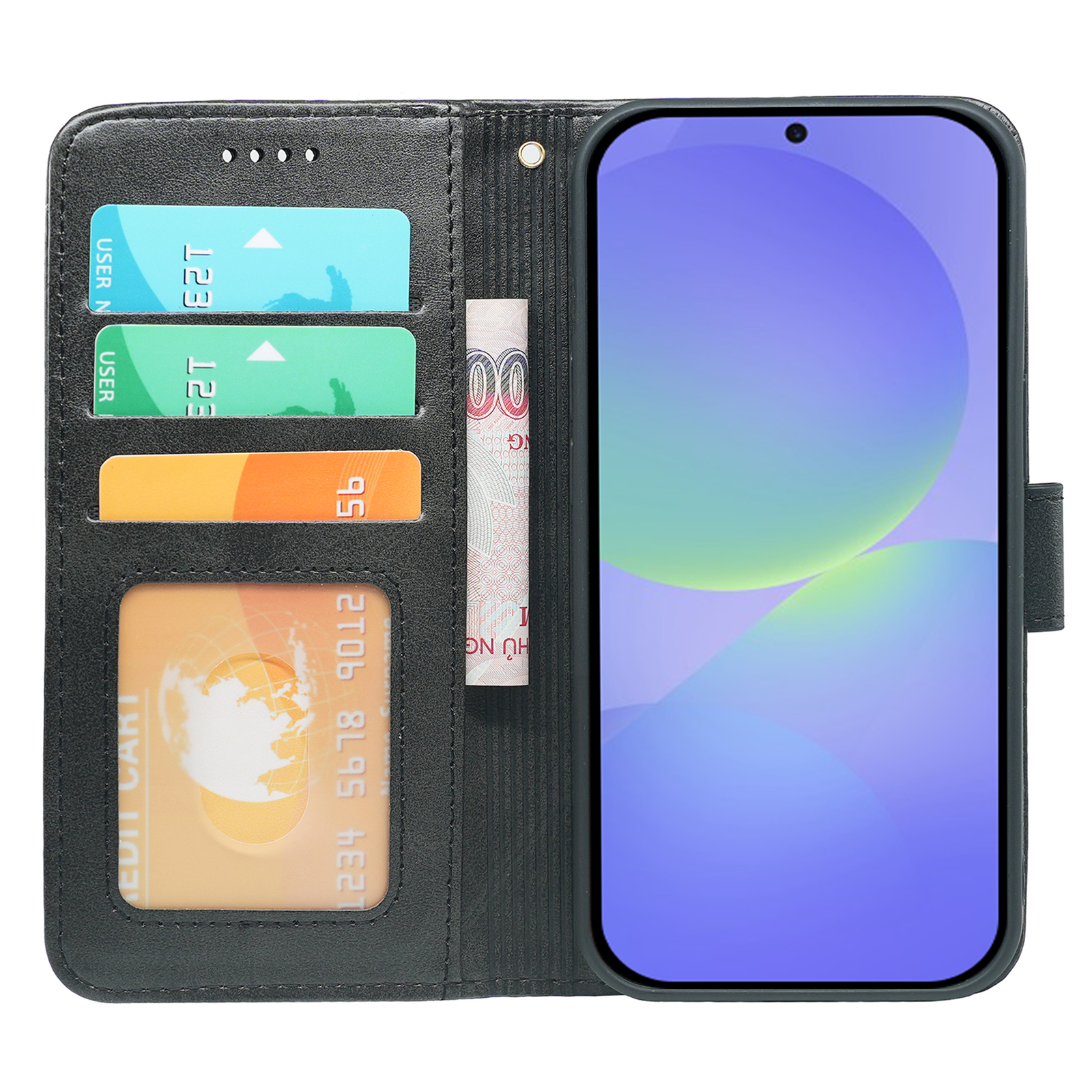Samsung Galaxy A36/A56 leather wallet book case by Phone Base with flip cover and card slots, protecting the phone.