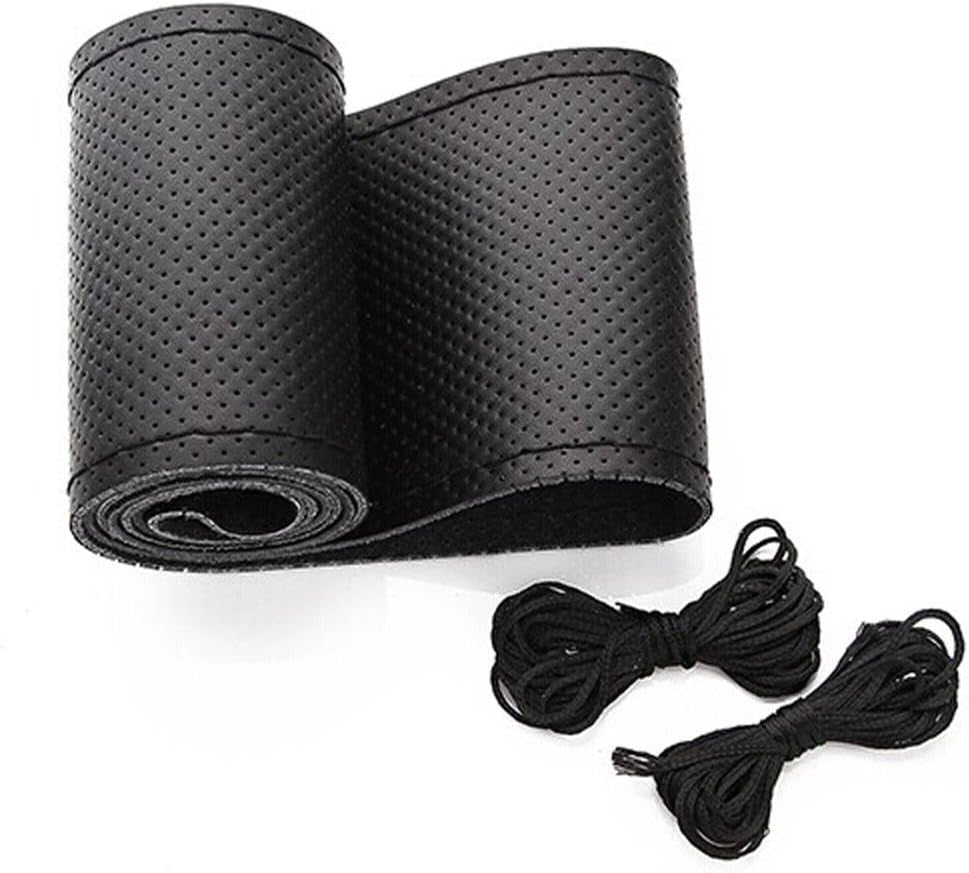 Universal Leather Car Steering Wheel Stitch on Wrap Cover DIY Sewing Breathable and anti Slip, 15-Inch (Black)