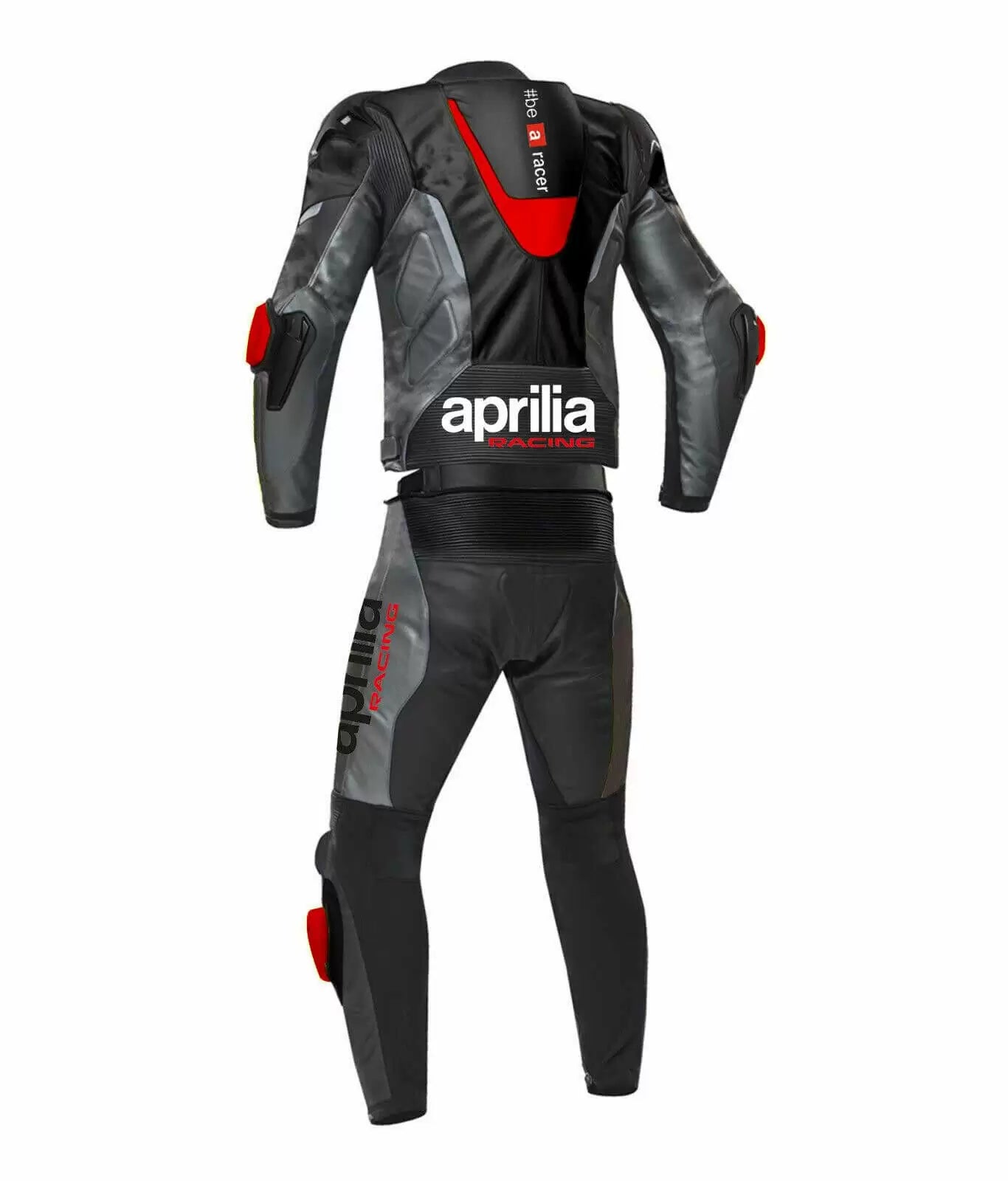 Damotogear Aprilia motorcycle racing leather suit displayed on a model, showcasing sleek black design and protective padding.