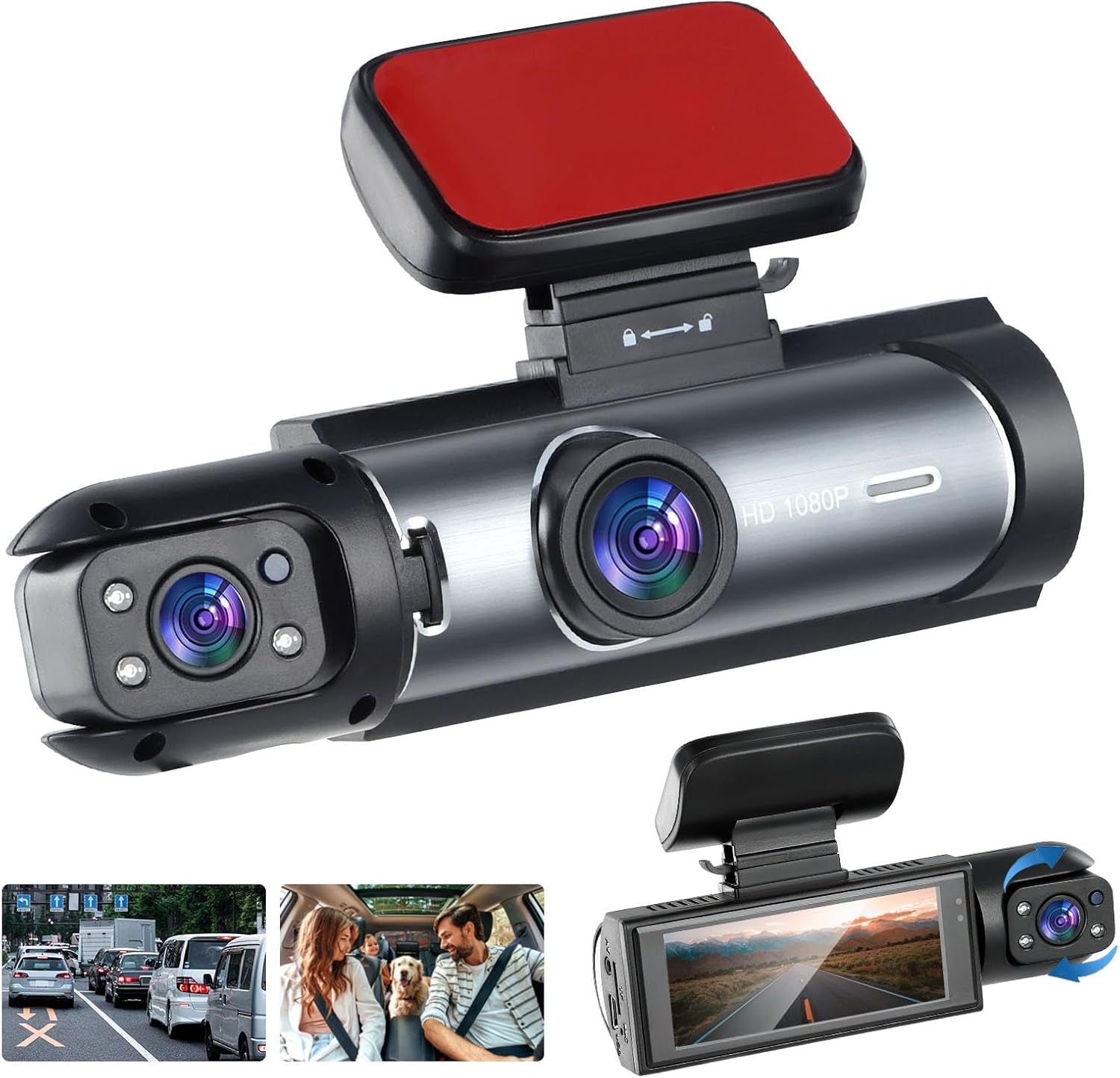 Eliteridegear 1080P WiFi dash cam with wide-angle lens, night vision, parking monitor, and 32GB card inside a car.