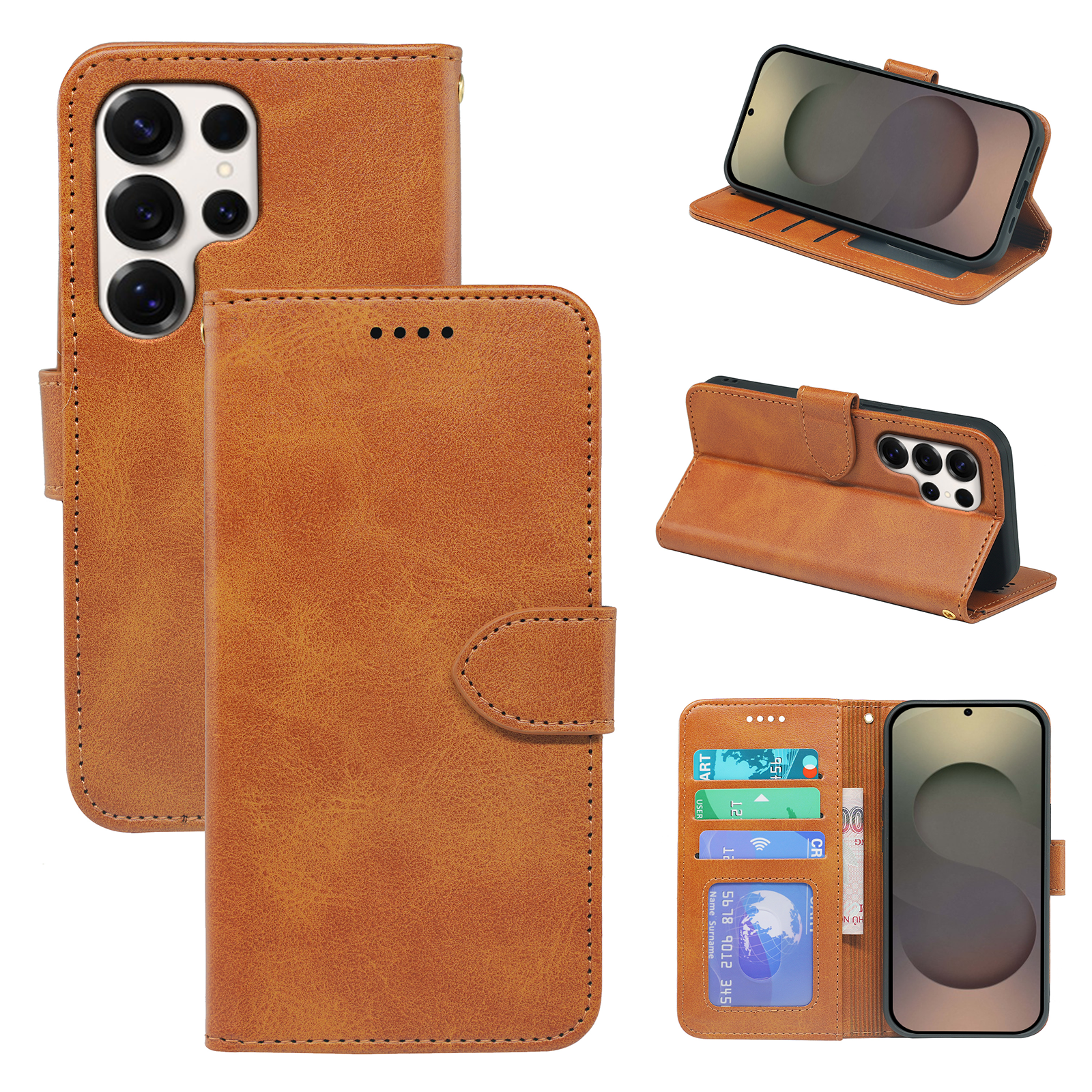 Samsung Galaxy S25 Series leather book flip case with wallet design, featuring a sleek leather exterior and card slots.