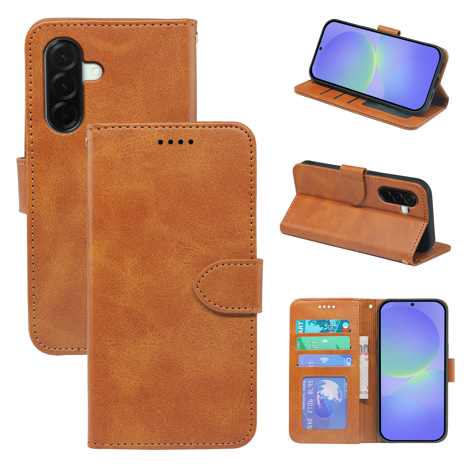 Samsung Galaxy A36/A56 Book Flip Leather Wallet Case by Phone Base showing a brown leather cover with card slots and magnetic closure.