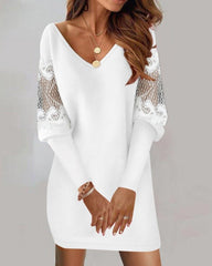 Elegant Long-Sleeved V-Neck Lace Splicing Dress for Women