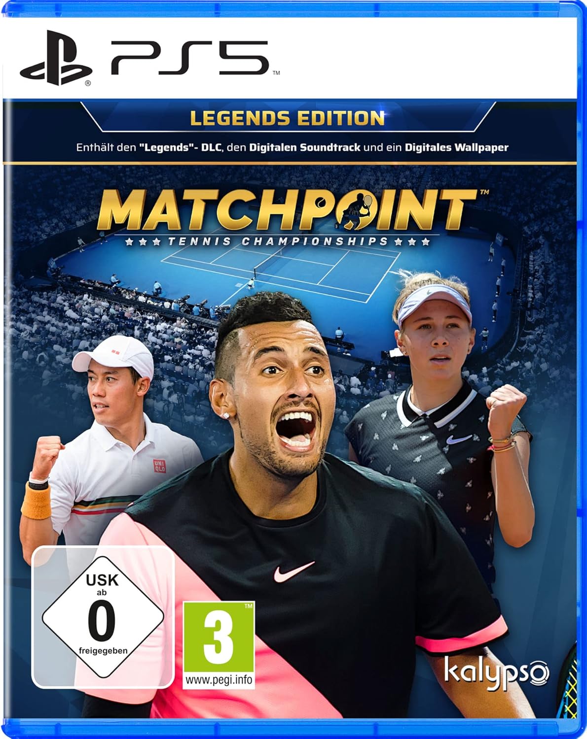 Matchpoint Tennis Championships Legends Edition video game for PlayStation 5, featuring tennis players and game cover art.
