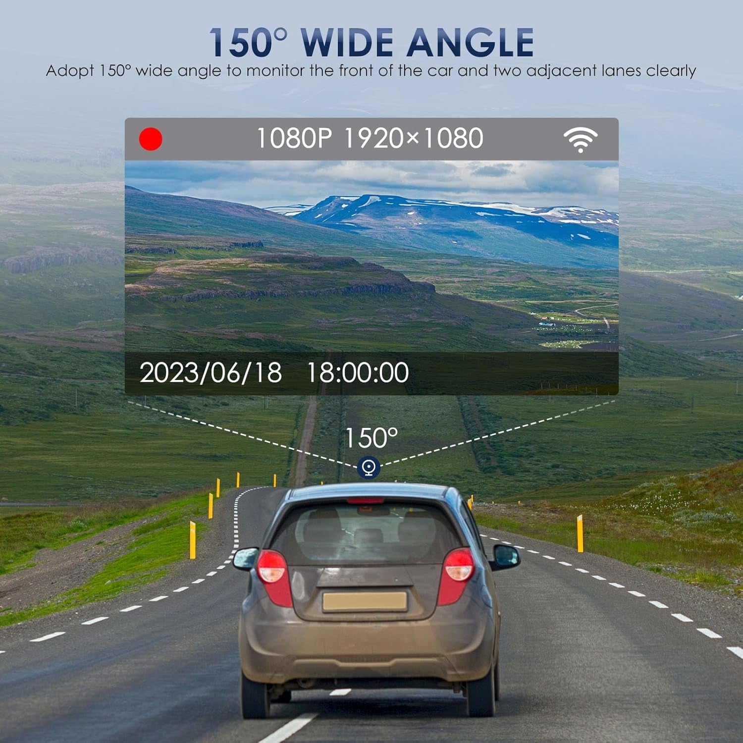 Eliteridegear 1080P WiFi dash cam showing front and interior views with wide angle lens, night vision, and parking monitor features