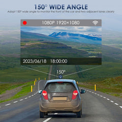 Eliteridegear 1080P WiFi dash cam showing front and interior views with wide angle lens, night vision, and parking monitor features