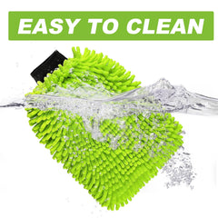 Green microfiber car wash mitt and towels, absorbent and soft, ideal for cleaning cars, trucks, SUVs, and motorcycles.